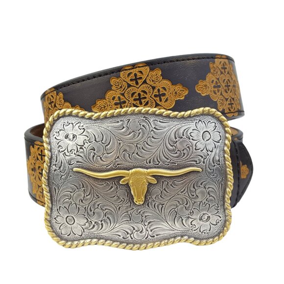 Western Long Horn Buckle with Hand Painted Embossed Belt